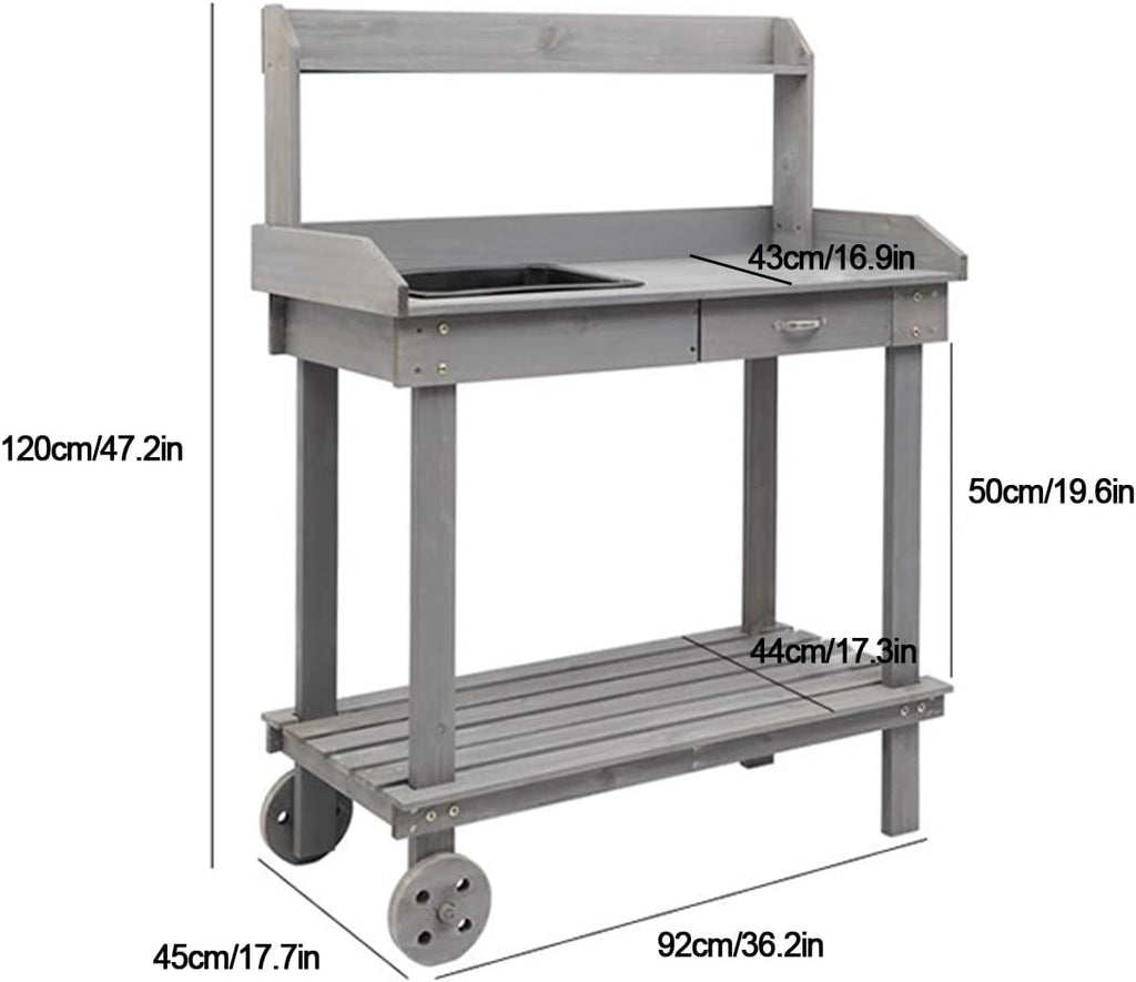 Outdoor Potting Bench Table,Potting Bench Table,Wooden Gardening Plant Workstation,w/Wheels and Drawer Open Shelf,for Outside Patio Lawn Garden,