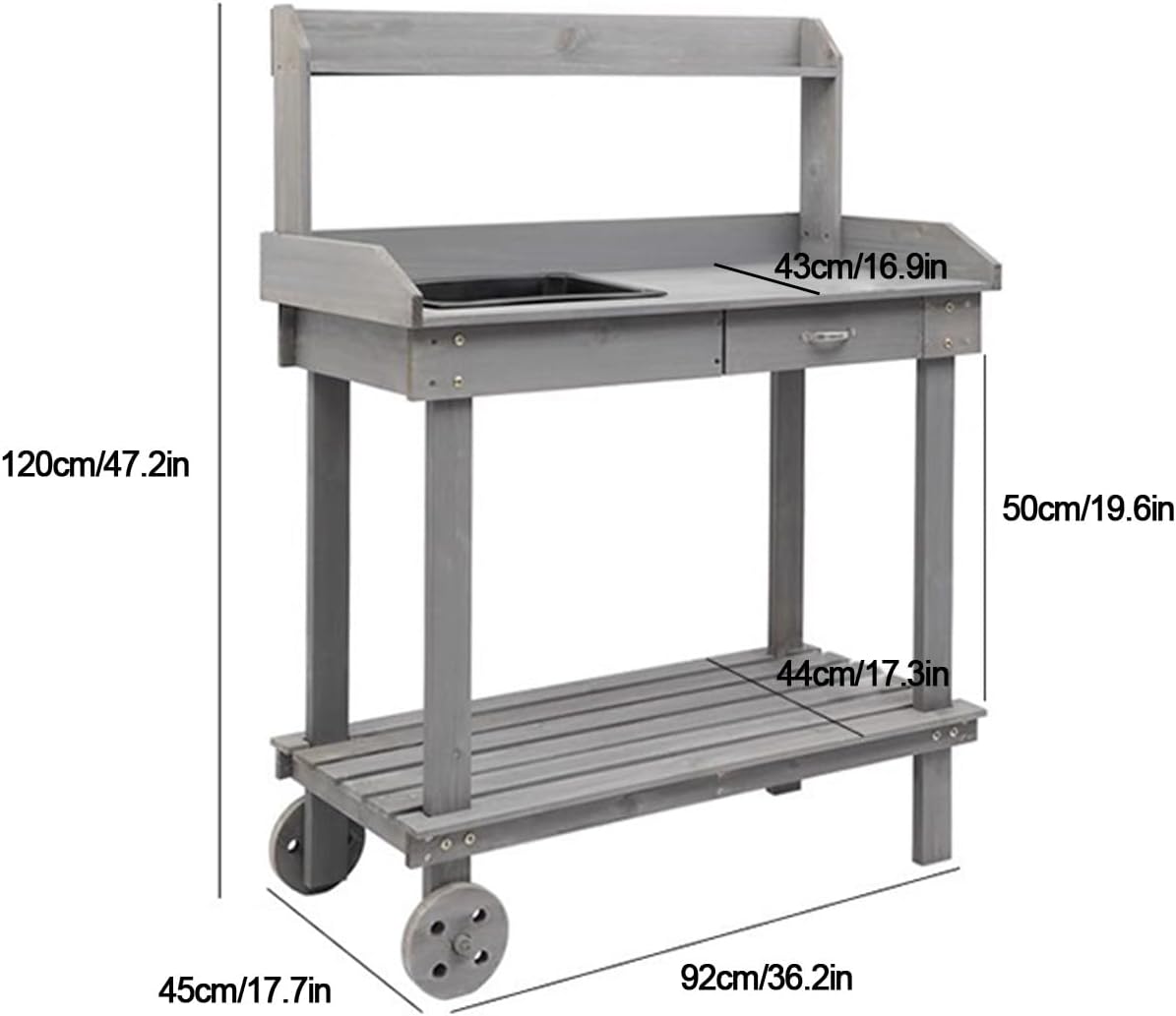 Outdoor Potting Bench Table,Potting Bench Table,Wooden Gardening Plant Workstation,w/Wheels and Drawer Open Shelf,for Outside Patio Lawn Garden,