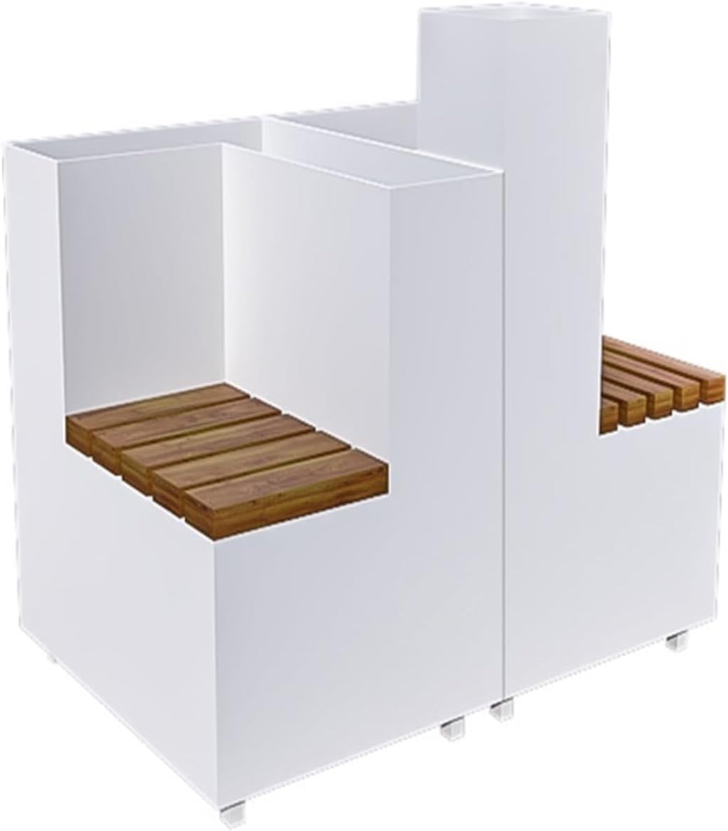 Bench with Planter Box, White Commercial Metal Flower Box Combination Iron Flower Box with 2 Anti-corrosion Wooden Benches, L 80cm*D 60cm*H 70cm Garden Bench
