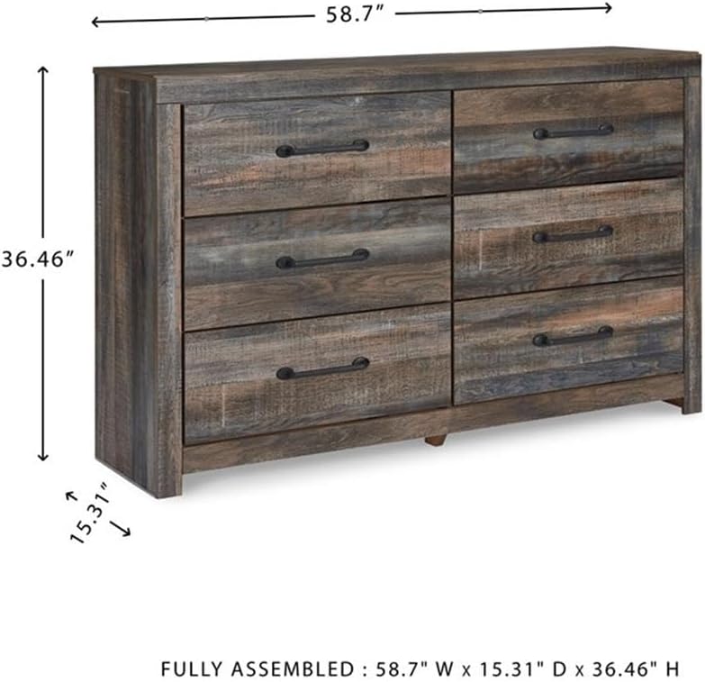 BOWERY HILL Rustic-Industrial Full Headboard & 6-Drawer Dresser Set