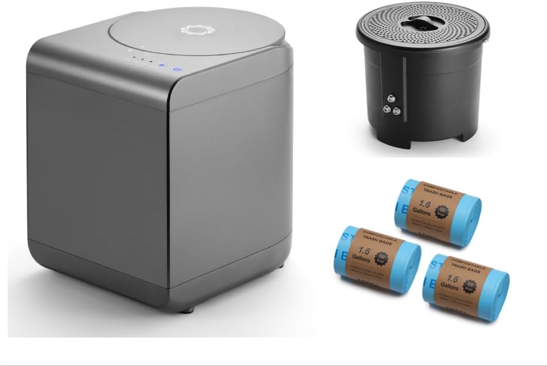 Airthereal Bundle | Revive Electric Kitchen Composter Grey and 1 Spare Bucket with Lid + 3-Pack Compostable Trash Bags,Turn Food Waste and Scraps into Dry Compost Fertilizer