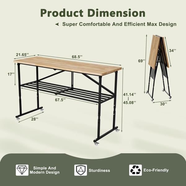 3-Level Height Adjustable Mobile Workbench, Hardwood Top with Steel Frame, Lockable 360° Wheels, Storage Shelf, Workshop Table for Garage, DIY Projects
