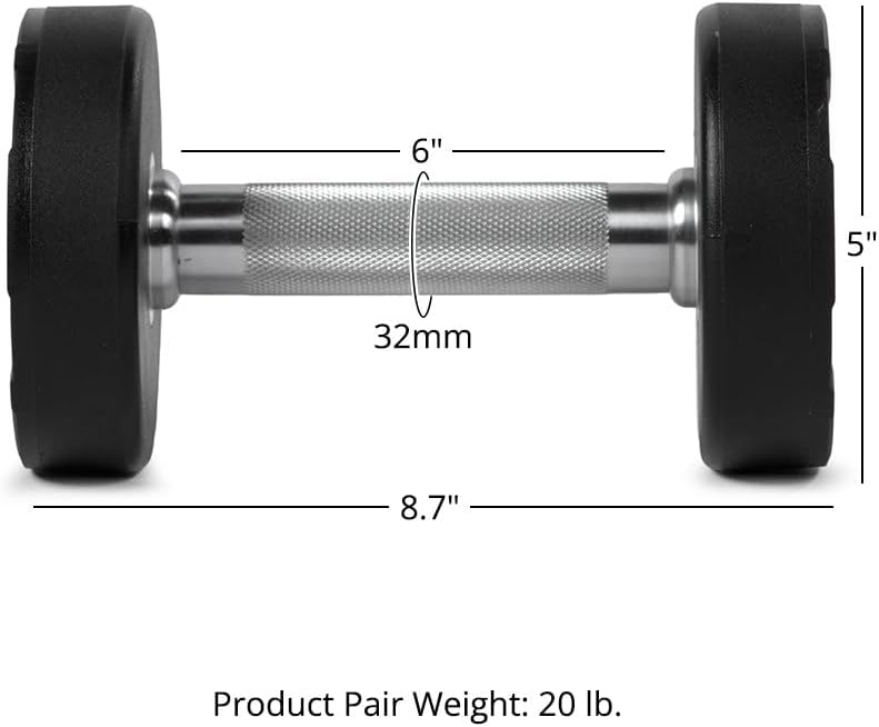 Titan Fitness Round Urethane Dumbbells, Medium Volcano Knurling, 33mm Grip, Easy-to-Read Weight Indicators, Free Weights for Strength Training