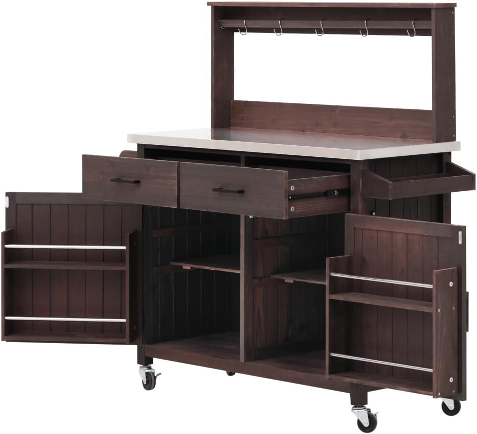 54.1' Outdoor Kitchen Island with High Shelf, Large Outdoor Garden Potting Bench Table with Stainless Steel Top and Storage Cabinet, Solid Wood Grill Cart With Lockable Wheels for BBQ (Brown)