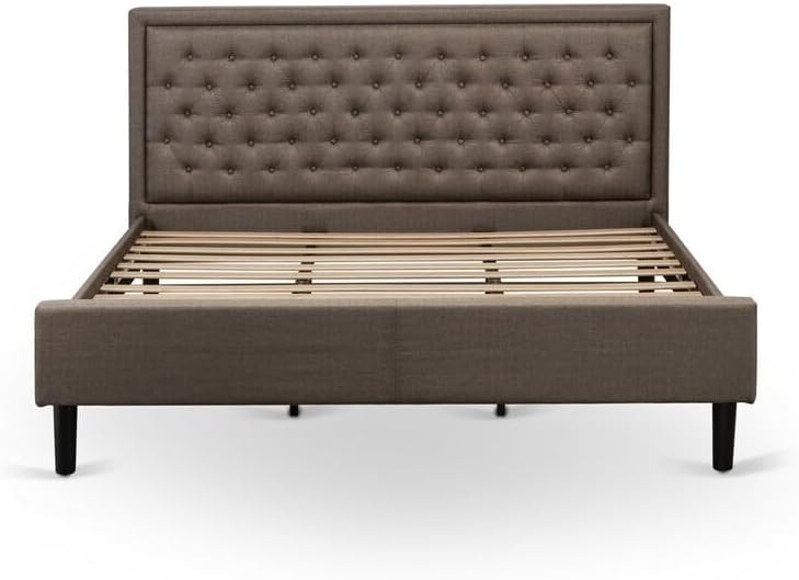 HomeStock Baroque Brilliance 3 Pc Wooden Bedroom Set 1 King Size Platform Bed Brown Linen Fabric Padded and Button Tufted Headboard 2 Night Stand with Wood Drawer Black Finish Legs