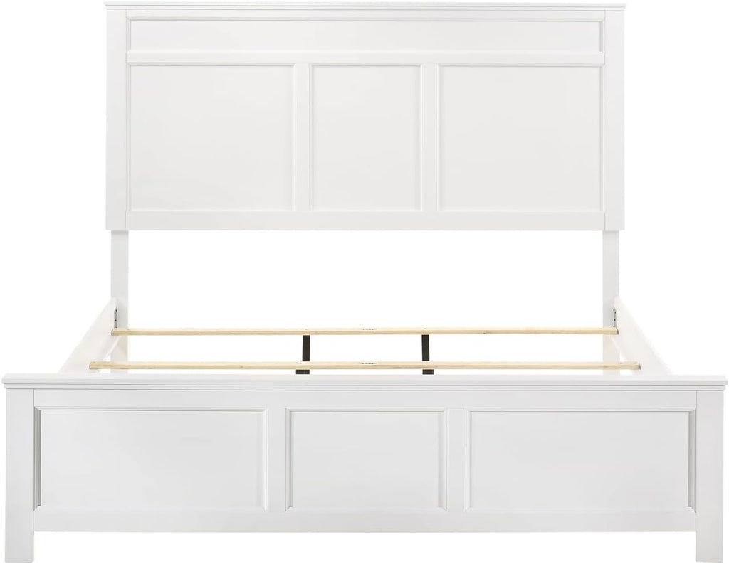 HomeStock Wood Panel Bed - White Finish - Bedroom Furniture with Headboard Queen