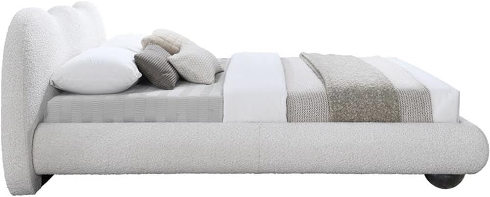 Meridian Furniture HydeCream-F Hyde Collection Modern | Contemporary Full Bed with Rich Cream Boucle Fabric, Both Natural and Black Finish Solid Wood Legs, 70.25' W x 85.5' D x 35.75' H, Cream, Full