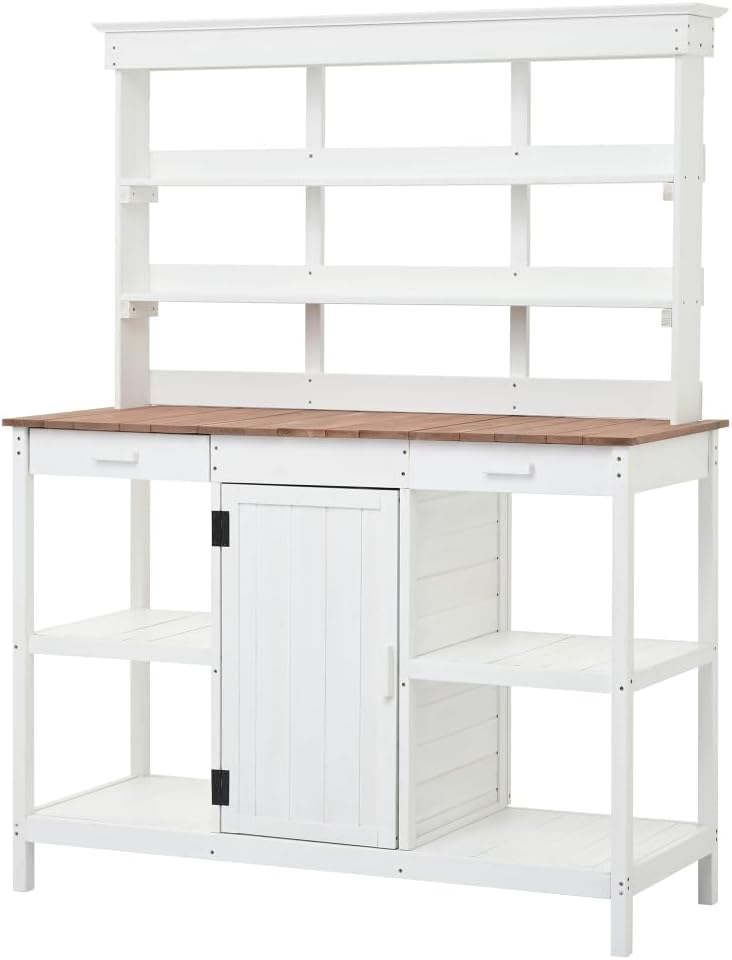 Sturdy Farmhouse-Style Wooden Potting Bench for Outdoor Gardening, Spacious Work Surface with Storage Shelves, Drawers and Cabinet (White + Solid Wood + Wood)
