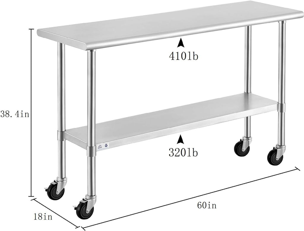 ROCKPOINT Stainless Steel Table for Prep & Work with Caster Wheels 18x60 Inches, NSF Metal Commercial Kitchen Heavy Duty Table with Adjustable Under Shelf and Table Foot for Restaurant, Home and Hotel