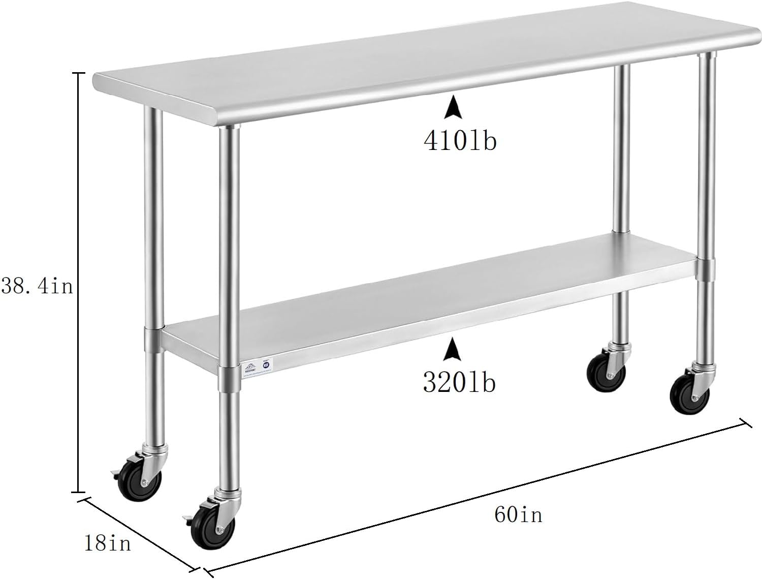 ROCKPOINT Stainless Steel Table for Prep & Work with Caster Wheels 18x60 Inches, NSF Metal Commercial Kitchen Heavy Duty Table with Adjustable Under Shelf and Table Foot for Restaurant, Home and Hotel