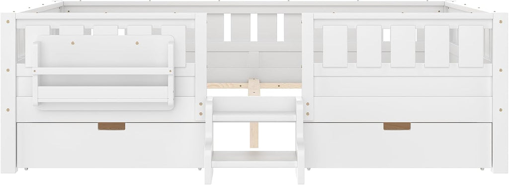 Bellemave Queen Size Bed with Slats and Stairs, Queen Size Platform Bed Frame with Fence, Bookshelf and Storage Drawers, Easy Assemble Beds for Girls, Boys, White