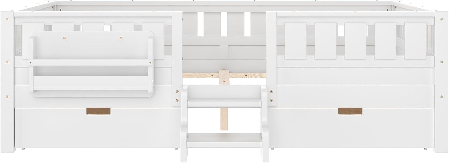 Bellemave Queen Size Bed with Slats and Stairs, Queen Size Platform Bed Frame with Fence, Bookshelf and Storage Drawers, Easy Assemble Beds for Girls, Boys, White