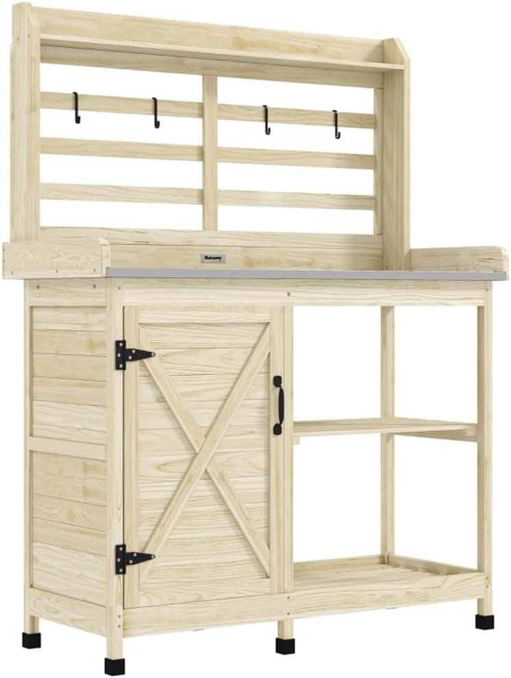 Country Style Outdoor Potting Bench with Storage - Natural Wood Garden Work Table for Planting, Sturdy Fir Wood Potting Station with Shelves & Cabinet, Easy Assembly, Holds 165lbs