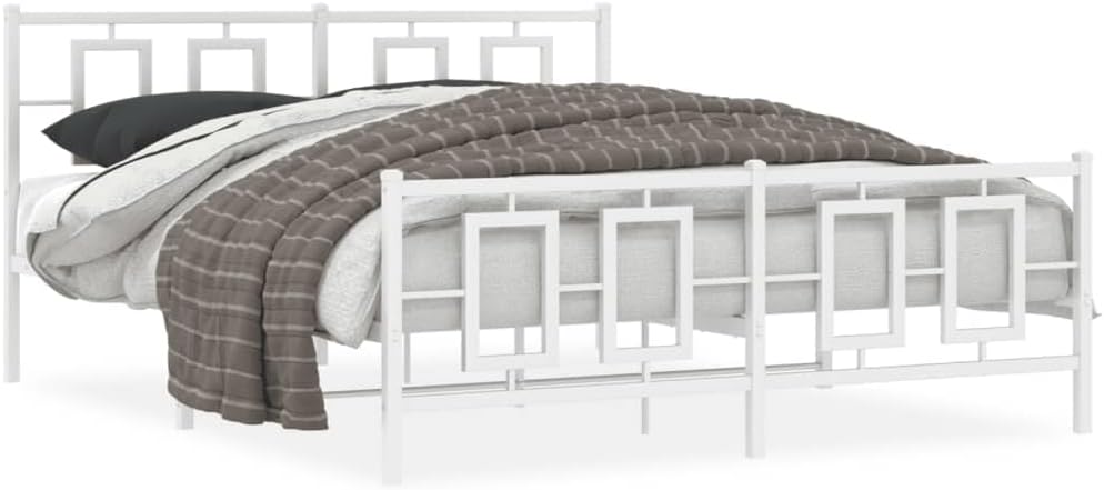 White Powder-Coated Steel King Bed Frame, Rectangular Metal Platform for King Size Mattress, Modern Bedroom Furniture with Under-Bed Storage
