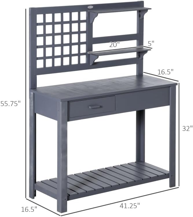 Grey Potting Bench Table, Garden Work, Outdoor Wooden Workstation with Tiers of Shelves and Drawer