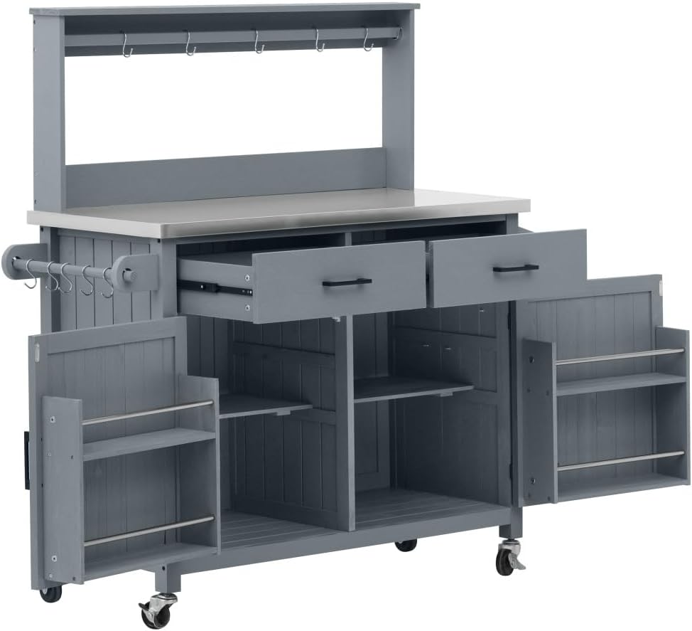 54.1' Outdoor Kitchen Island with High Shelf, Large Outdoor Garden Potting Bench Table with Stainless Steel Top and Storage Cabinet, Solid Wood Grill Cart With Lockable Wheels for BBQ (Grey Blue)