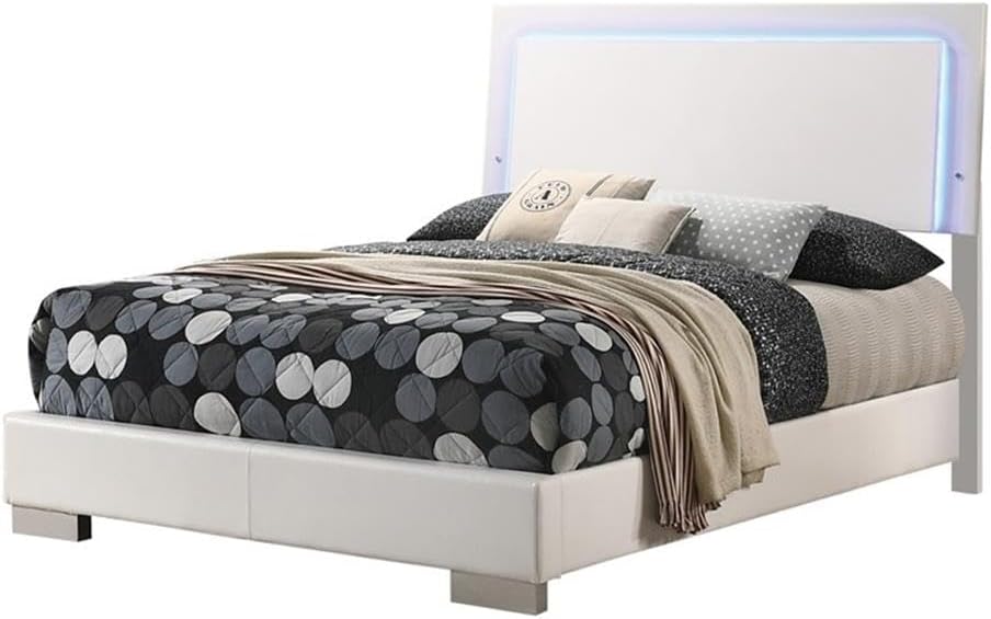 Pemberly Row 5-Piece Faux Leather Bedroom Set, Full Size, Glossy White Finish, Touch Lighting Headboard, Chrome Hardware, Felt-Lined Drawers, Includes Bed, Nightstand, Chest, Dresser, Mirror