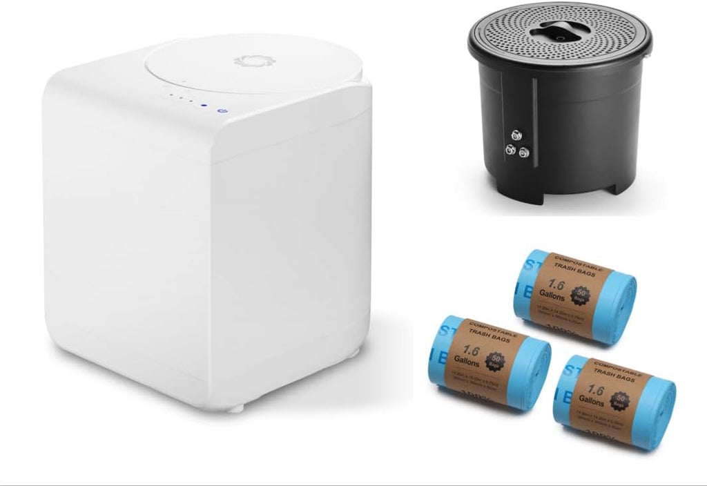 Airthereal Bundle | Revive Electric Kitchen Composter (White) and 1 Spare Bucket with Lid + 3-Pack Compostable Trash Bags,Turn Food Waste and Scraps into Dry Compost Fertilizer
