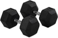 Titan Fitness Pair Rubber Coated Hex Dumbbells, Roll-Resistant Hexagonal Free Weights, Chrome-Coated Handles with Knurling, Strength Training Equipment