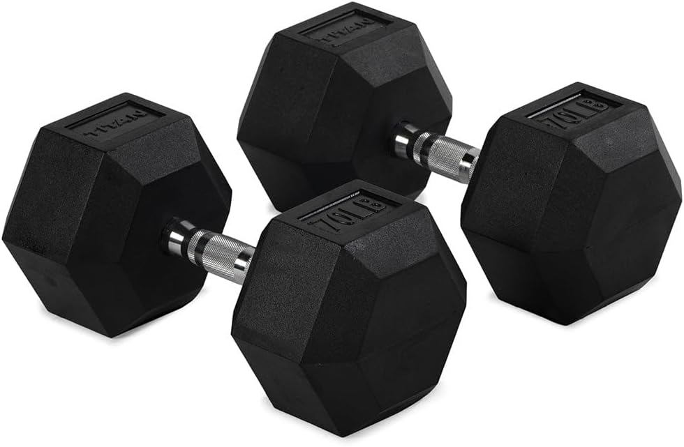 Titan Fitness Pair Rubber Coated Hex Dumbbells, Roll-Resistant Hexagonal Free Weights, Chrome-Coated Handles with Knurling, Strength Training Equipment
