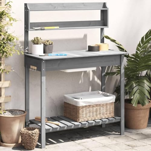 Potting Table with Sink, Solid Wood Garden Workstation, Outdoor Planting Bench with Drawer and Storage Shelves, 147.5x44x139.5 cm