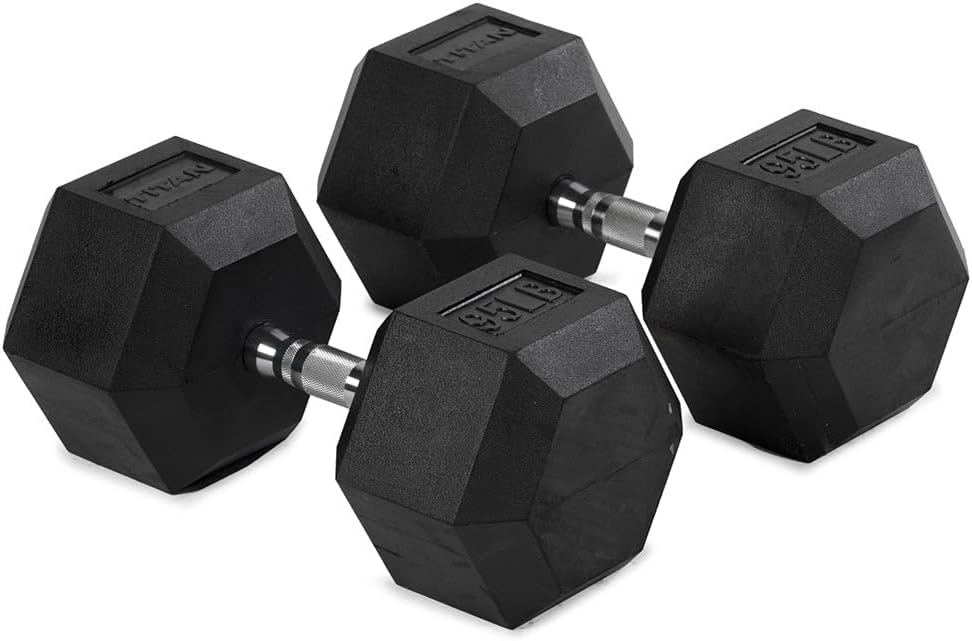 Titan Fitness Pair Rubber Coated Hex Dumbbells, Roll-Resistant Hexagonal Free Weights, Chrome-Coated Handles with Knurling, Strength Training Equipment