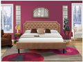 HomeStock African Adventure 2 Pc King Size Bedroom Set with Button Tufted Bed Frame and 1 Distressed Jacobean Mid Century Nightstand Brown Faux Leather with Brown Texture and Black Legs