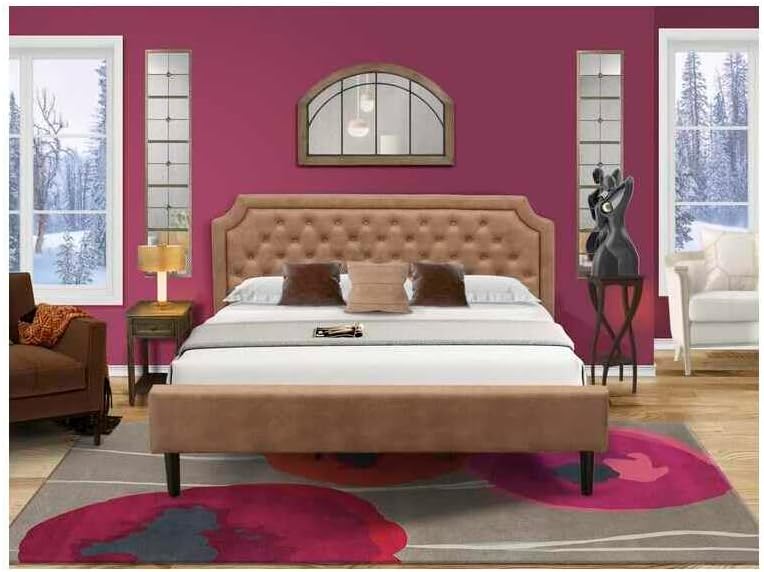 HomeStock African Adventure 2 Pc King Size Bedroom Set with Button Tufted Bed Frame and 1 Distressed Jacobean Mid Century Nightstand Brown Faux Leather with Brown Texture and Black Legs