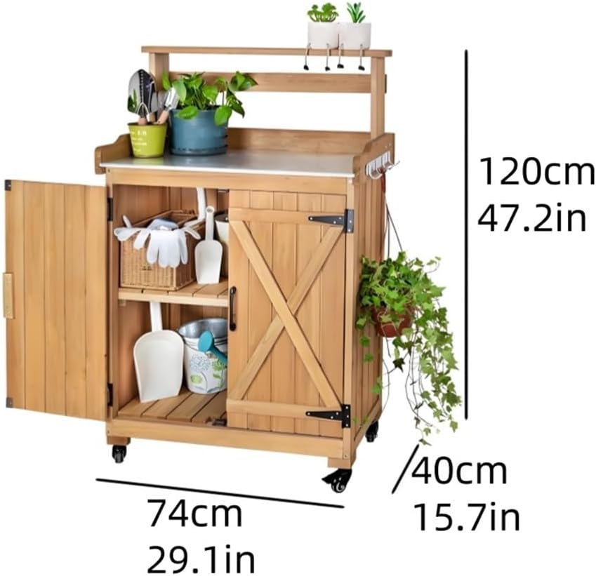 Potting Bench with Storage, Outdoor Storage Cabinet with Universal Wheels, Wooden Potting Bench Table with Metal Tabletop and Side Hooks, Outdoor Gardening Table for Terrace, Garden