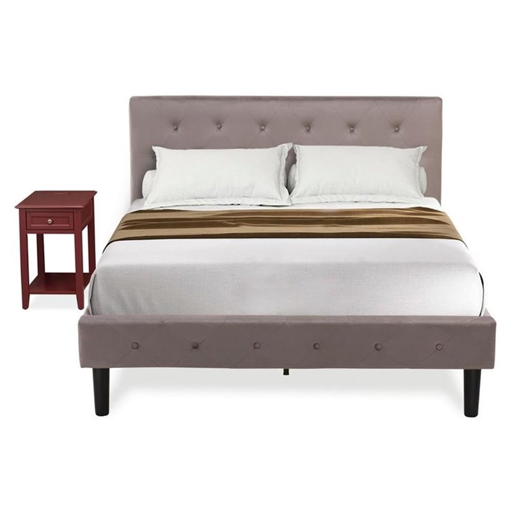 East West Furniture NL14F-1DE13 2 Piece Bed Set - Full Size Button Tufted Bed Frame - Brown Taupe Velvet Fabric Upholstered Headboard and a Burgundy Finish Nightstand