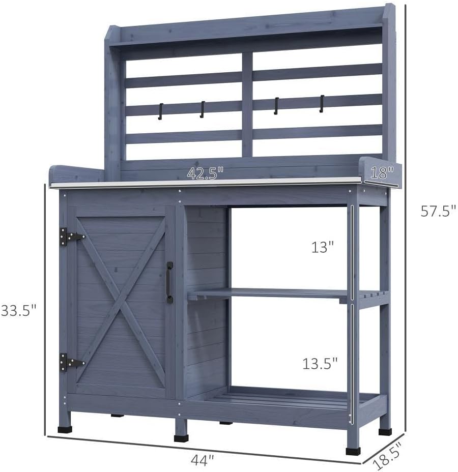 Premium Wooden Potting Bench with Built-in Sink, Adjustable Shelf, Tool Hooks, and Ample Storage for Gardeners (Grey + Wood)