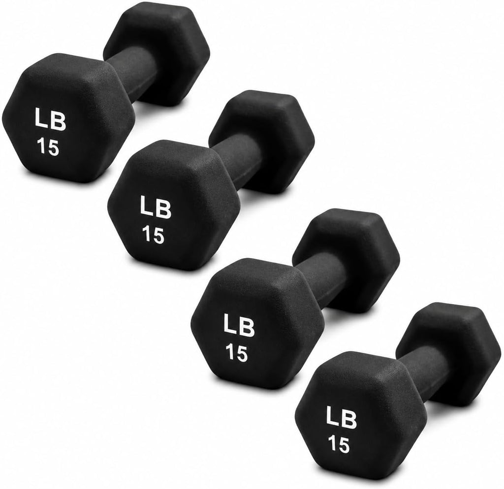 Neoprene Hexagon Dumbbells with Cast Ergo Handle (1 to 15lbs Pack of 1, 2, 4) | Durable Anti-Slip Exercise & Fitness Strength Training Free Weights for Home Gym | Black | For Men & Women