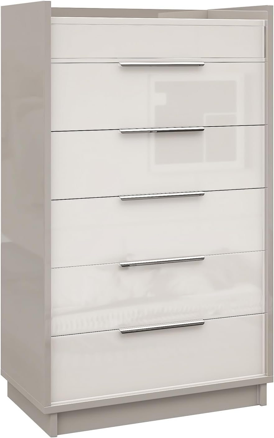 AMERLIFE 5-Drawer Chest with Glass Tabletop, Storage Dresser Organizer with Inside Mirror & Lift Top Dresser for Bedroom, Cream&Grey