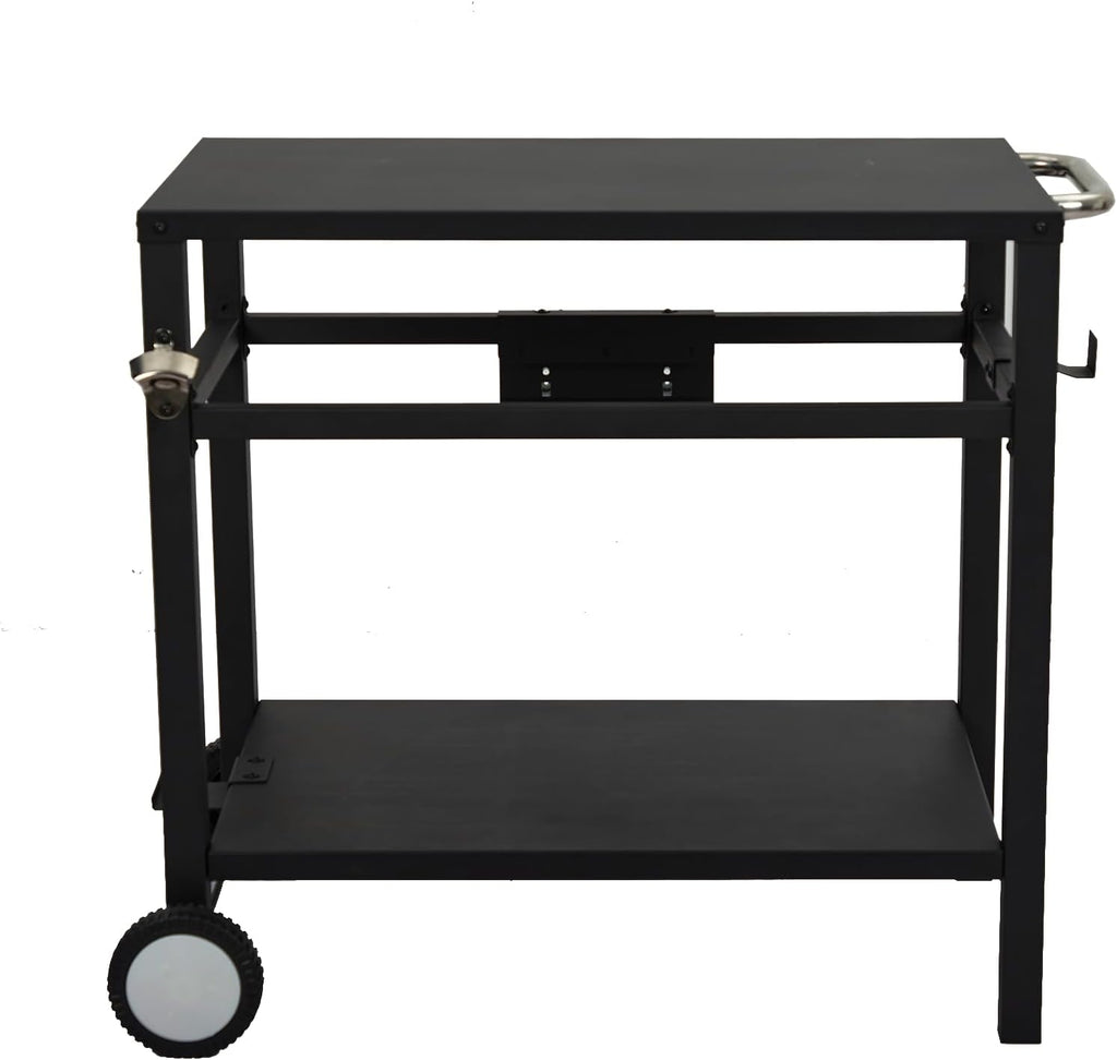 Outdoor Grill Cart - Portable Barbecue Table with Rolling Wheels, Hooks, Double Shelves, Removable Steel Flat Top Work Surface, Side Handles, Multifunctional Commercial Design