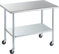 ROCKPOINT Stainless Steel Table for Prep & Work with Caster Wheels 30x48 Inches, NSF Metal Commercial Kitchen Heavy Duty Table with Adjustable Under Shelf and Table Foot for Restaurant, Home and Hotel