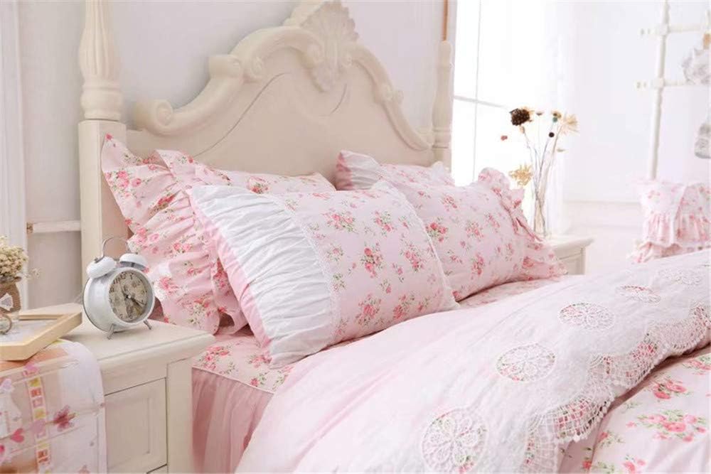 LELVA Romantic Rose Flower Print Bedding for Girls Duvet Cover Set with Bed Skirt Pink Lace Ruffle Floral Shabby Bedding Sets Full 4 Piece