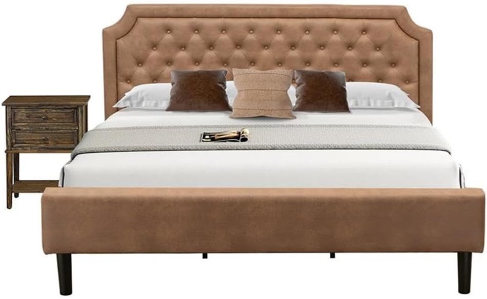 East West Furniture GB28K-1VL07 2-Pc Platform Wooden Set for Bedroom with Button Tufted Bed and 1 Distressed Jacobean Mid Century Nightstand - Brown faux Leather with Brown Texture and Black Legs