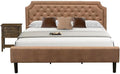 East West Furniture GB28K-1VL07 2-Pc Platform Wooden Set for Bedroom with Button Tufted Bed and 1 Distressed Jacobean Mid Century Nightstand - Brown faux Leather with Brown Texture and Black Legs