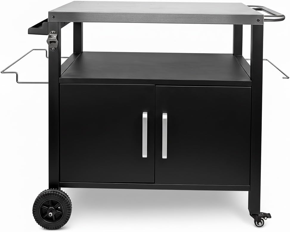 Outdoor Pizza Oven Stand & Grill Cart with Big Storage Cabinet - Stainless Steel Prep Table for BBQ, Movable Kitchen Island with Wheels, Bottle Opener, Spice Rack & Towel Holder for Backyard
