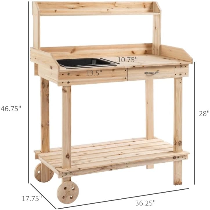 36'' Wooden Potting Bench Work Table with Removable Wheels, Sink, Drawer & Large Storage Spaces,for Outdoor Backyard