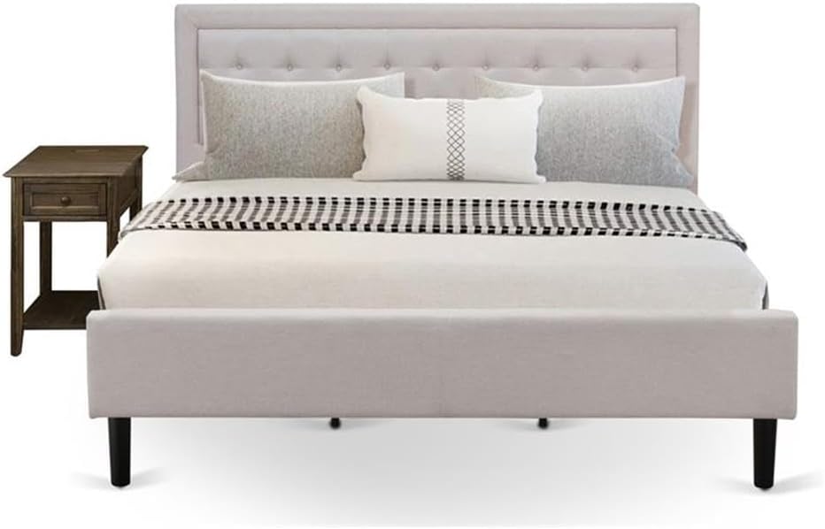 East West Furniture FN08K-1DE07 2-Piece Platform King Bedroom Set with 1 Platform Bed and 1 Bedroom Nightstand - Reliable and Sturdy Manufacturing - Mist Beige Linen Fabric