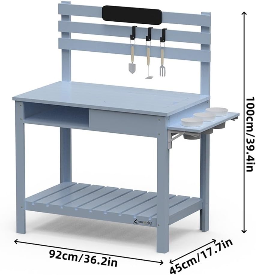 Outdoor Potting Bench with Blackboard and Sink, Multi-Functional Garden Workbench Table for Courtyard, Balcony or Patio, Planting Table with Storage Shelves and Tool Rack(Blue)