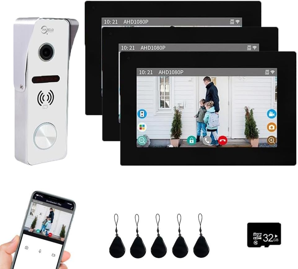 Wired Video Doorbell Apartment Intercom,7 inch Touch Screen Monitor 1080P Door Bell Camera TUYA Smart Home Door Phone Kits,3 in 1 Unlock RFID Card for Home Villa,32G (1 doorbell+3 Monitor)