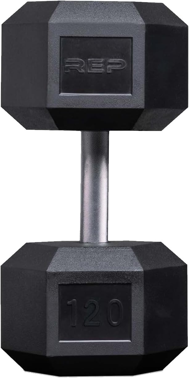 Rep Fitness Rubber Hex Dumbbell(s) - Singles (55LB +) and Pairs (5LB - 50LB) - Low Odor, Fully Knurled Handle