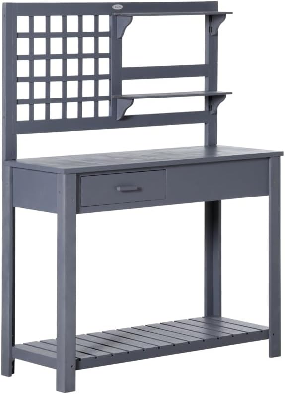 Grey Potting Bench Table, Garden Work, Outdoor Wooden Workstation with Tiers of Shelves and Drawer