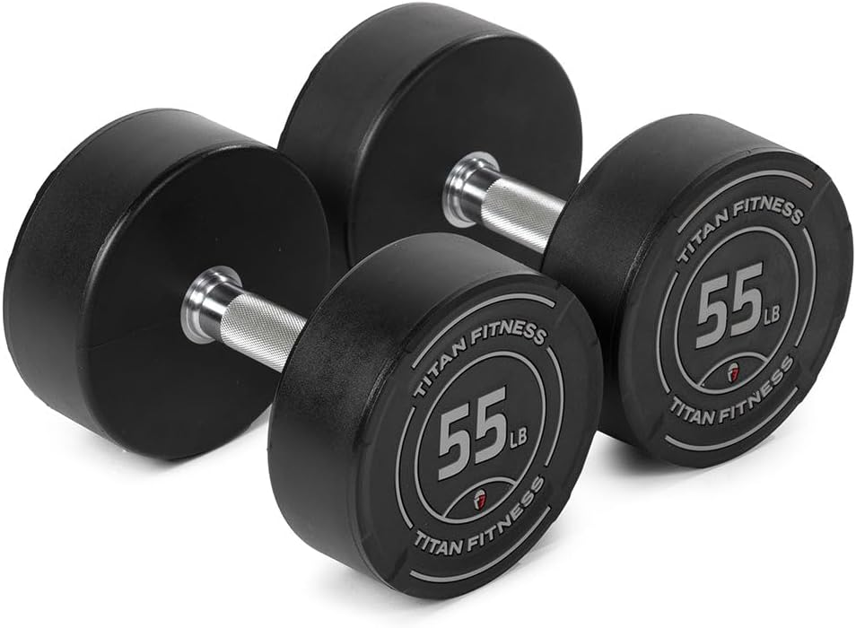 Titan Fitness Round Urethane Dumbbells, Medium Volcano Knurling, 33mm Grip, Easy-to-Read Weight Indicators, Free Weights for Strength Training