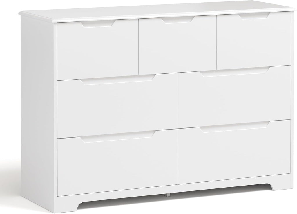 Gizoon 7 Drawer Dresser, 48' Wide White Dresser for Bedroom, Chest of Drawers with Handle Free Design, Modern Storage Organizer for Living Room, Kids Room, Entryway, Hallway, White
