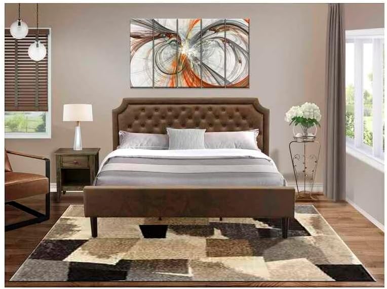 HomeStock Southwestern Sanctuary 2 Piece King Bedroom Set with Button Tufted Upholstered Bed and 1 Distressed Jacobean Nightstand Dark Brown Faux Leather with Black Texture and Black Legs
