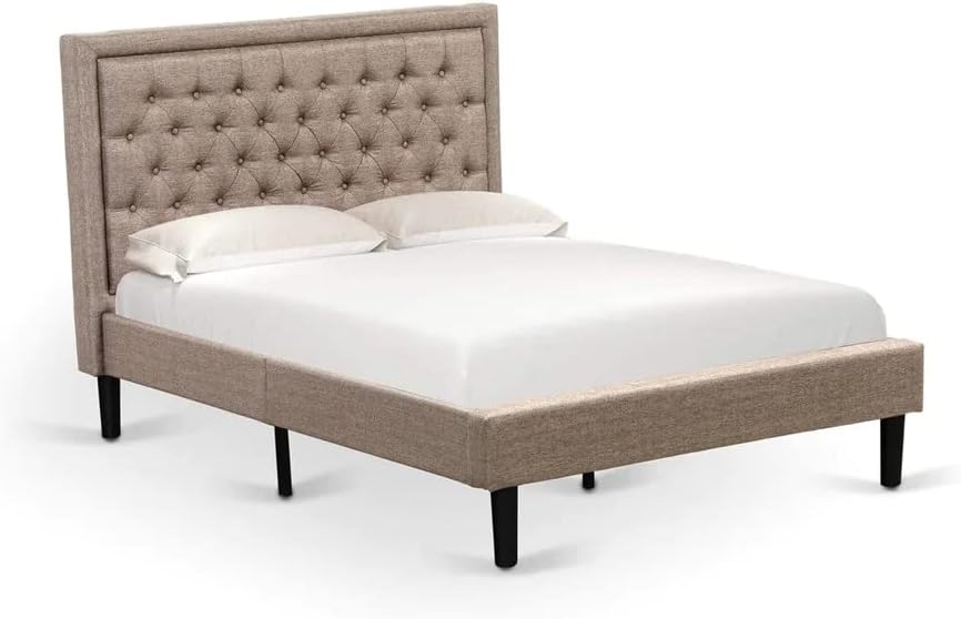 East West Furniture KDF-16-F Platform Full Size Bed - Dark Khaki Linen Fabric Upholstered Bed Headboard with Button Tufted Trim Design - Black Legs