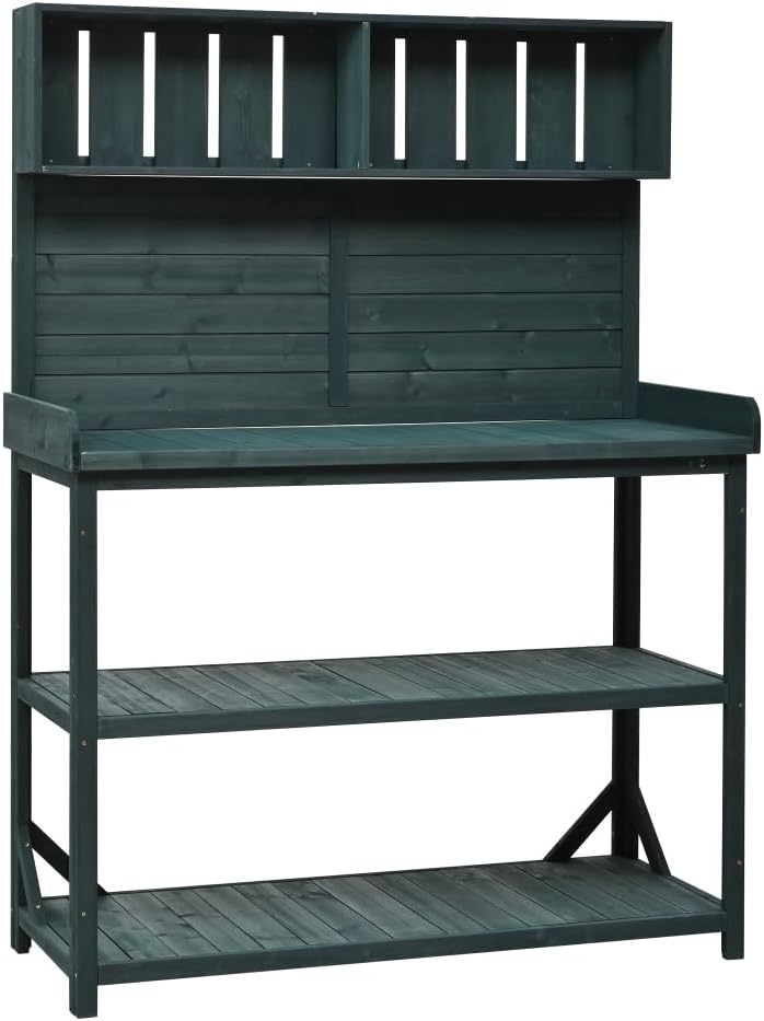 Rustic Wooden Garden Potting Bench with Storage Shelves and Side Hook for Outdoor Patio Workstation and Planting Tasks (Green + Solid Wood + Wood-1)